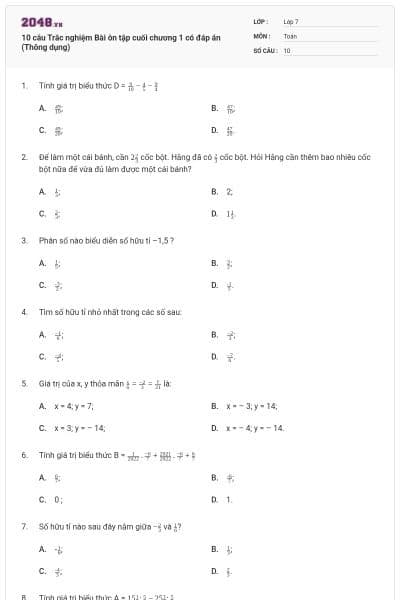 10 câu Trắc nghiệm Bài ôn tập cuối chương 1 có đáp án (Thông dụng)