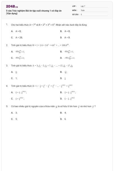 5 câu Trắc nghiệm Bài ôn tập cuối chương 1 có đáp án (Vận dụng)