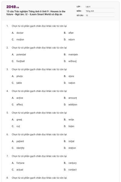 15 câu Trắc nghiệm Tiếng Anh 6 Unit 9 : Houses in the future - Ngữ âm: /t/ - iLearn Smart World có đáp án