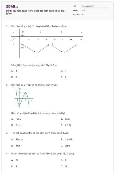 Đề thi thử môn Toán THPT Quốc gia năm 2022 có lời giải (Đề 9)