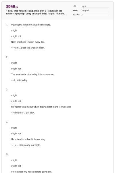 14 câu Trắc nghiệm Tiếng Anh 6 Unit 9 : Houses in the future - Ngữ pháp: Động từ khuyết thiếu "Might" - iLearn Smart World có đáp án