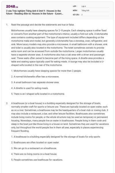 2 câu Trắc nghiệm Tiếng Anh 6 Unit 9 : Houses in the future - Reading điền từ: Houses in the future - iLearn Smart World có đáp án