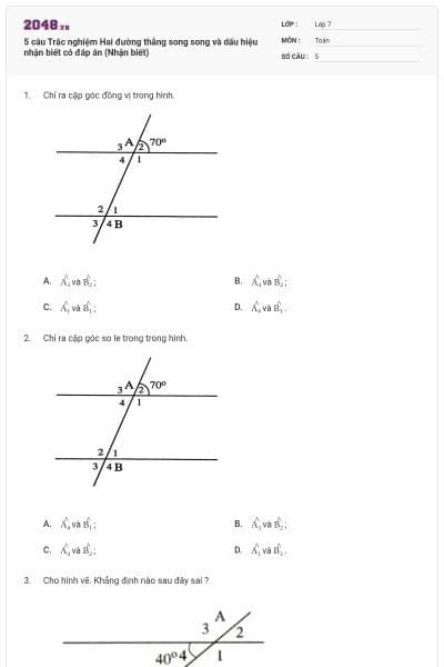 5 câu Trắc nghiệm Hai đường thẳng song song và dấu hiệu nhận biết có đáp án (Nhận biết)