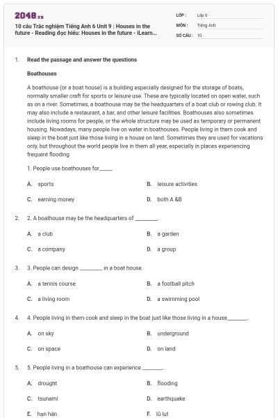 10 câu Trắc nghiệm Tiếng Anh 6 Unit 9 : Houses in the future - Reading đọc hiểu: Houses in the future - iLearn Smart World có đáp án