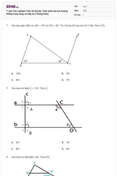 7 câu Trắc nghiệm Tiên đề Euclid. Tính chất của hai đường thẳng song song có đáp án (Thông hiểu)
