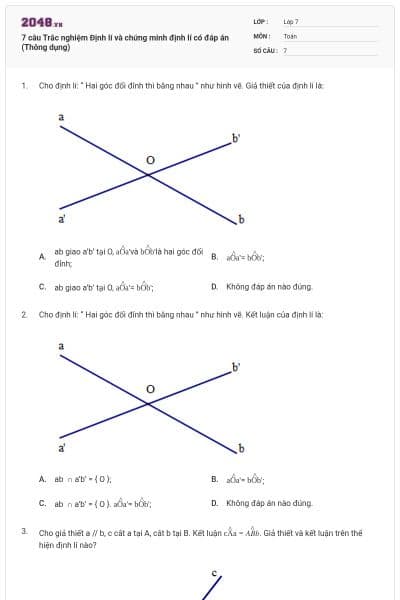 7 câu Trắc nghiệm Định lí và chứng minh định lí có đáp án (Thông dụng)