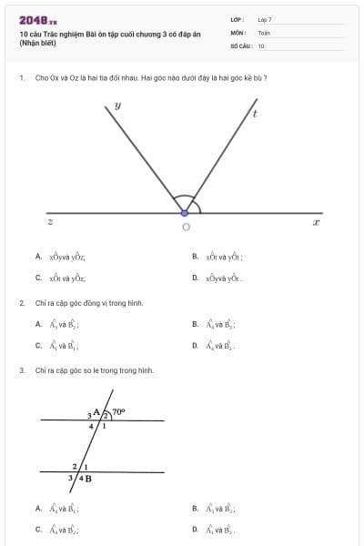 10 câu Trắc nghiệm Bài ôn tập cuối chương 3 có đáp án (Nhận biết)