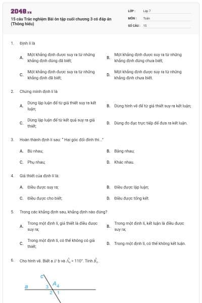 15 câu Trắc nghiệm Bài ôn tập cuối chương 3 có đáp án (Thông hiểu)