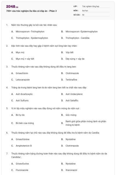 700+ câu trắc nghiệm Da liễu có đáp án - Phần 3