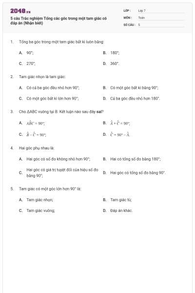 5 câu Trắc nghiệm Tổng các góc trong một tam giác có đáp án (Nhận biết)