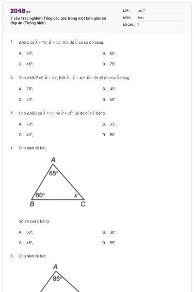 7 câu Trắc nghiệm Tổng các góc trong một tam giác có đáp án (Thông hiểu)
