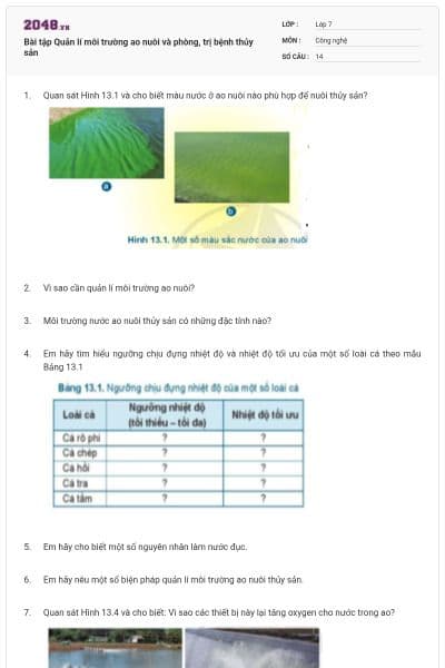 Bài tập Quản lí môi trường ao nuôi và phòng, trị bệnh thủy sản