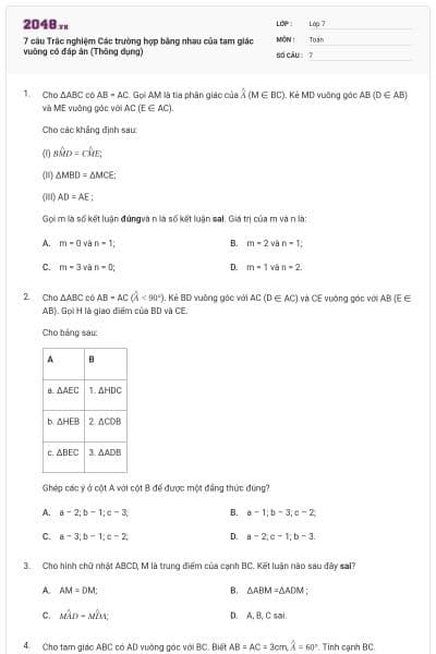 7 câu Trắc nghiệm Các trường hợp bằng nhau của tam giác vuông có đáp án (Thông dụng)