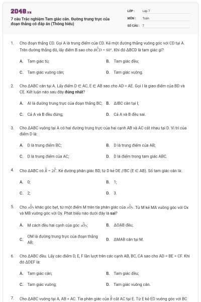 7 câu Trắc nghiệm Tam giác cân. Đường trung trực của đoạn thẳng có đáp án (Thông hiểu)