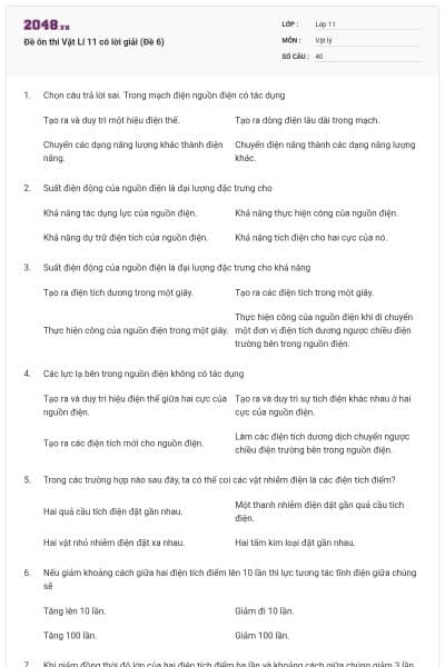 Đề ôn thi Vật Lí 11 có lời giải (Đề 6)