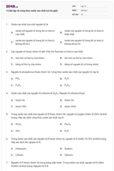 15 Bài tập về công thức oxide cao nhất (có lời giải)