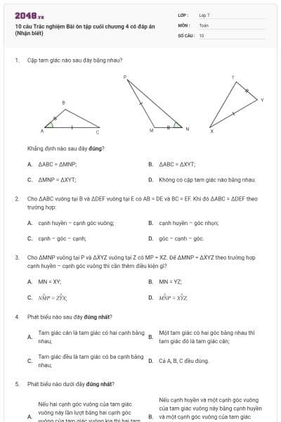 10 câu Trắc nghiệm Bài ôn tập cuối chương 4 có đáp án (Nhận biết)