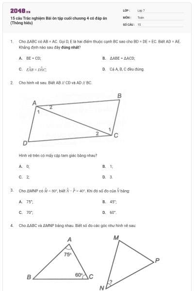15 câu Trắc nghiệm Bài ôn tập cuối chương 4 có đáp án (Thông hiểu)