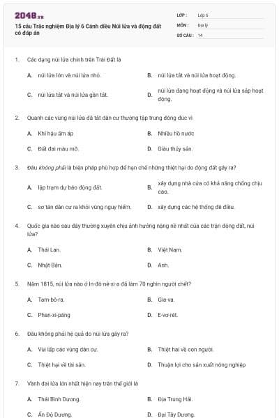 15 câu Trắc nghiệm Địa lý 6 Cánh diều Núi lửa và động đất có đáp án