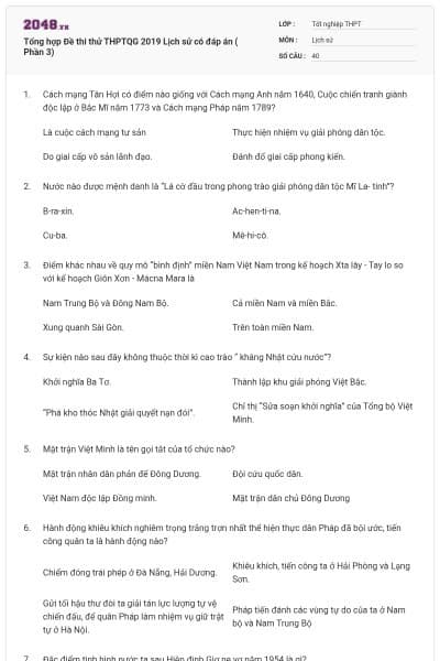 Tổng hợp Đề thi thử THPTQG 2019 Lịch sử có đáp án ( Phần 3)