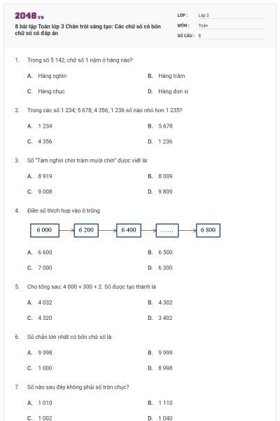 8 bài tập Toán lớp 3 Chân trời sáng tạo: Các chữ số có bốn chữ số có đáp án