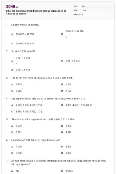 8 bài tập Toán lớp 3 Chân trời sáng tạo: So sánh các số có 4 chữ số có đáp án