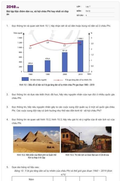 Bài tập Đặc điểm dân cư, xã hội châu Phi hay nhất có đáp án