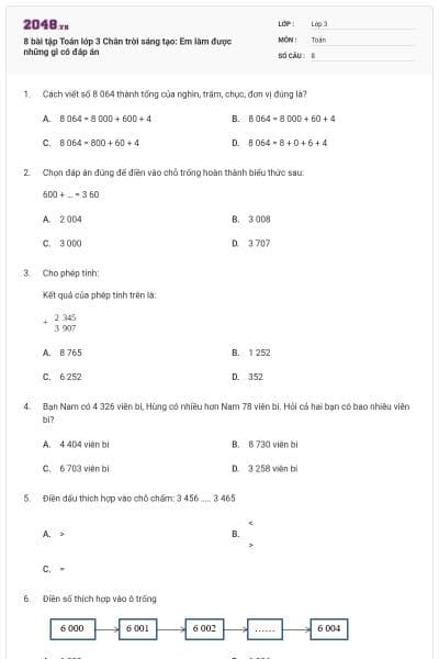 8 bài tập Toán lớp 3 Chân trời sáng tạo: Em làm được những gì có đáp án