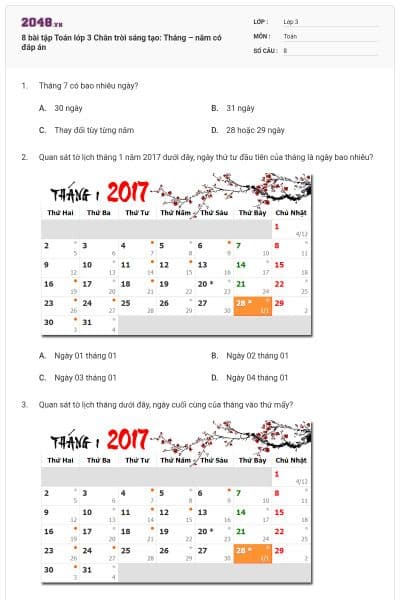 8 bài tập Toán lớp 3 Chân trời sáng tạo: Tháng – năm có đáp án