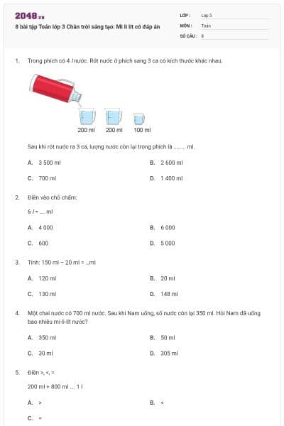 8 bài tập Toán lớp 3 Chân trời sáng tạo: Mi li lít có đáp án