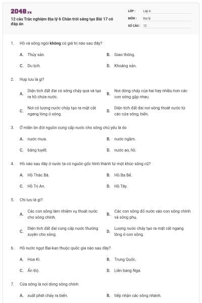 12 câu Trắc nghiệm Địa lý 6 Chân trời sáng tạo Bài 17 có đáp án