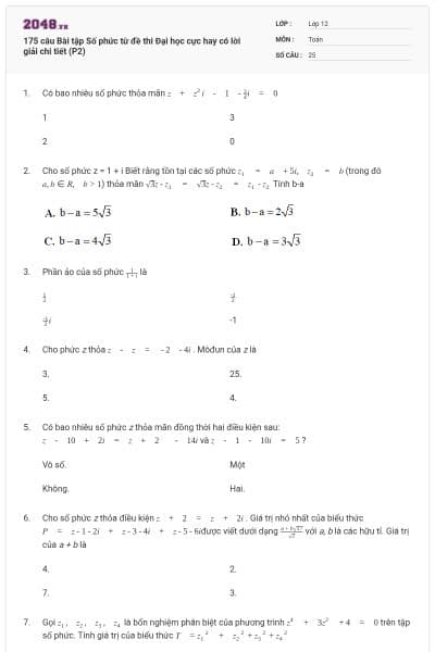 175 câu Bài tập Số phức từ đề thi Đại học cực hay có lời giải chi tiết (P2)