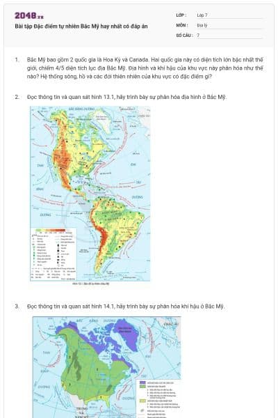 Bài tập Đặc điểm tự nhiên Bắc Mỹ hay nhất có đáp án
