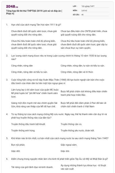 Tổng hợp Đề thi thử THPTQG 2019 Lịch sử có đáp án ( Phần 4)