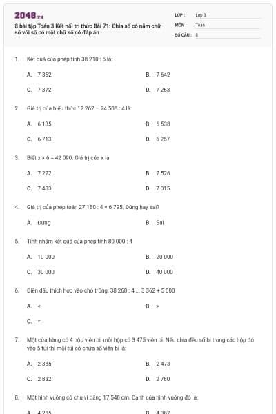 8 bài tập Toán 3 Kết nối tri thức Bài 71: Chia số có năm chữ số với số có một chữ số có đáp án