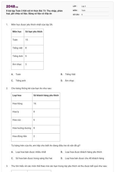 8 bài tập Toán 3 Kết nối tri thức Bài 73: Thu nhập, phân loại, ghi chép số liệu. Bảng số liệu có đáp án