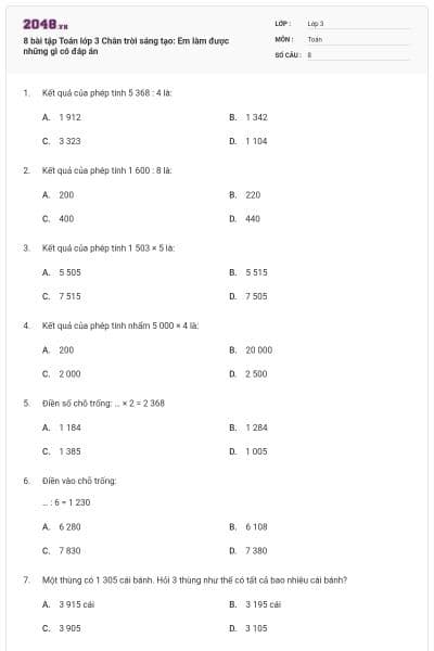 8 bài tập Toán lớp 3 Chân trời sáng tạo: Em làm được những gì có đáp án