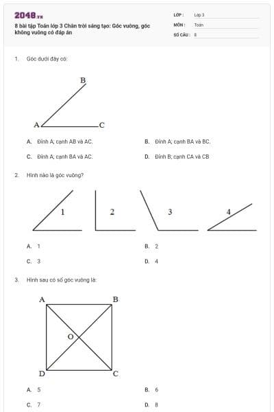 8 bài tập Toán lớp 3 Chân trời sáng tạo: Góc vuông, góc không vuông có đáp án