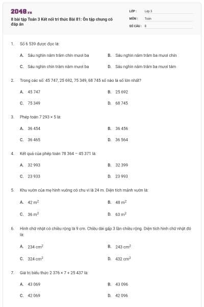 8 bài tập Toán 3 Kết nối tri thức Bài 81: Ôn tập chung có đáp án