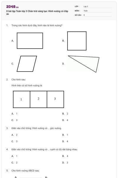 8 bài tập Toán lớp 3 Chân trời sáng tạo: Hình vuông có đáp án