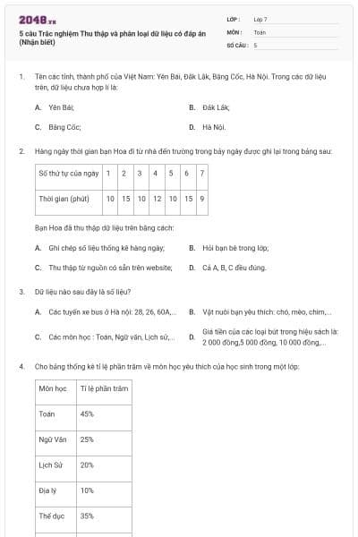 5 câu Trắc nghiệm Thu thập và phân loại dữ liệu có đáp án (Nhận biết)