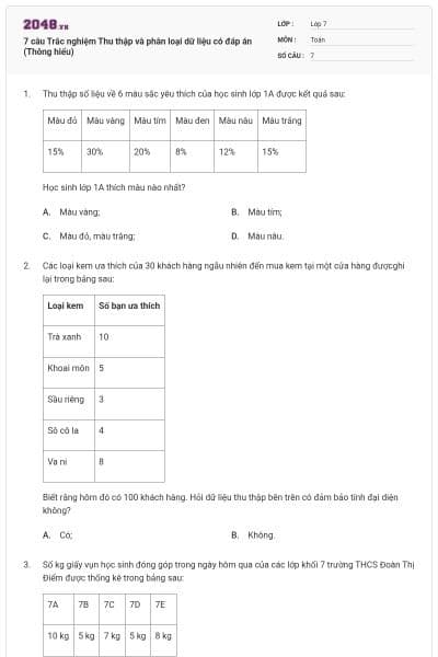 7 câu Trắc nghiệm Thu thập và phân loại dữ liệu có đáp án (Thông hiểu)