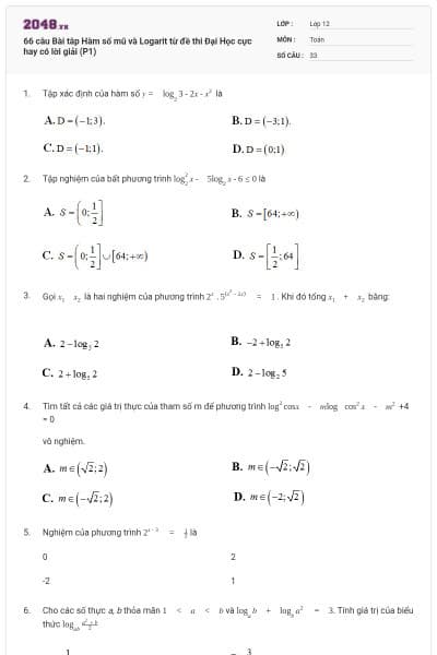 66 câu Bài tâp Hàm số mũ và Logarit từ đề thi Đại Học cực hay có lời giải (P1)
