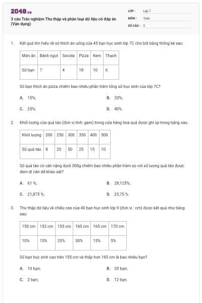 3 câu Trắc nghiệm Thu thập và phân loại dữ liệu có đáp án (Vận dụng)