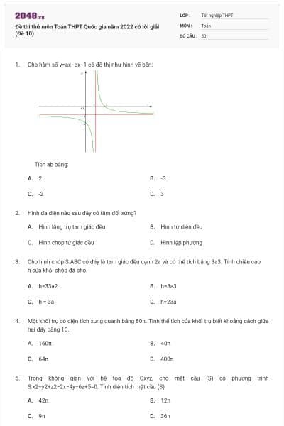Đề thi thử môn Toán THPT Quốc gia năm 2022 có lời giải (Đề 10)