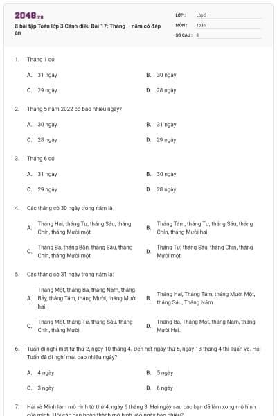 8 bài tập Toán lớp 3 Cánh diều Bài 17: Tháng – năm có đáp án