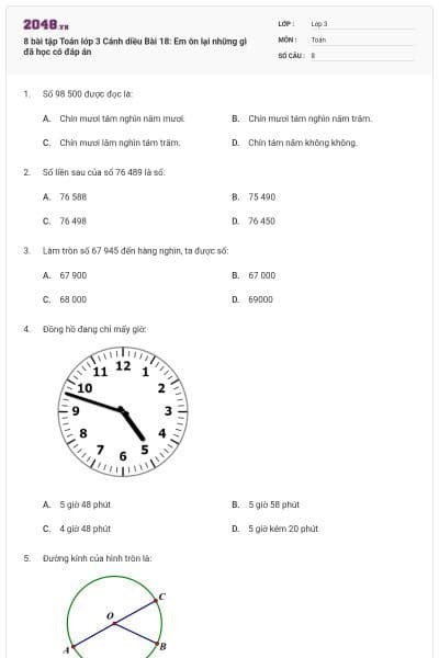 8 bài tập Toán lớp 3 Cánh diều Bài 18: Em ôn lại những gì đã học có đáp án