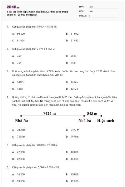 8 bài tập Toán lớp 3 Cánh diều Bài 20: Phép cộng trong phạm vi 100 000 có đáp án