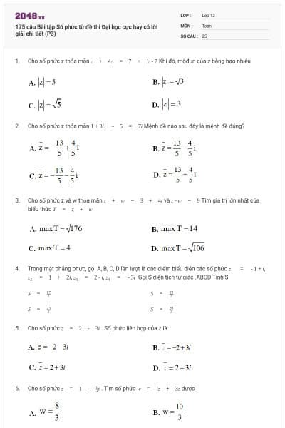 175 câu Bài tập Số phức từ đề thi Đại học cực hay có lời giải chi tiết (P3)