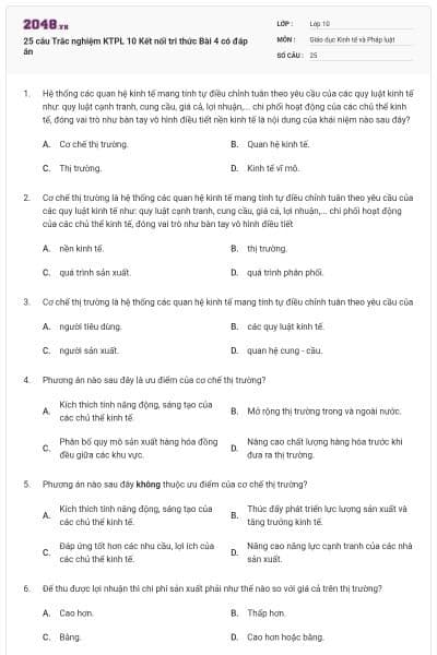 25 câu Trắc nghiệm KTPL 10 Kết nối tri thức Bài 4 có đáp án